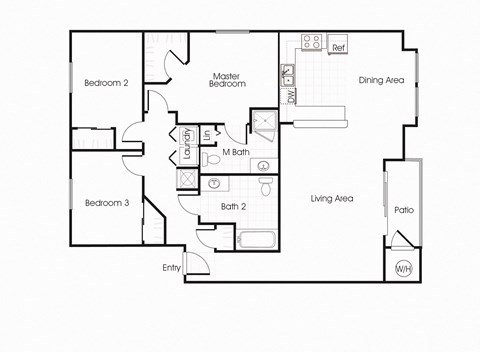 Floor plan for 3 beds, 2 baths, 1232 sqft
